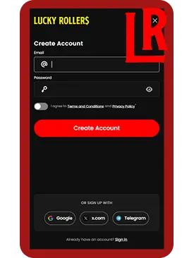 Lucky Rollers registration page on mobile app showing sign-up options via email, X, Telegram, and Google accounts