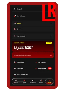 LuckyRollers mobile app interface showing black and gold design with Casino, Sports, Promos and Menu navigation icons

