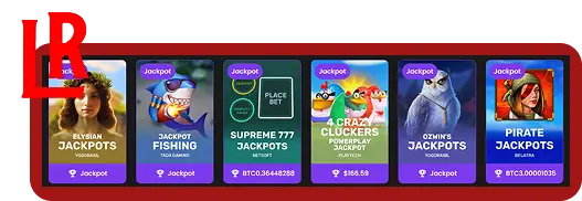 LuckyRollers Casino Online jackpot games section displaying over 315 progressive and fixed jackpot slot titles