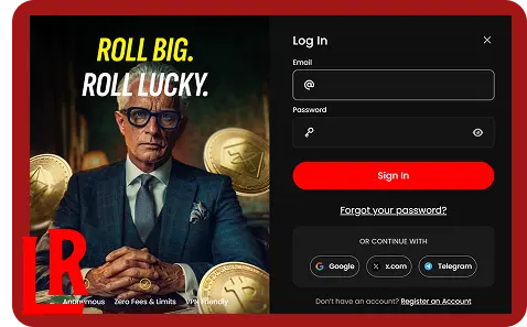 Lucky Rollers Casino login page screenshot showing sign in options for email, X, Telegram and Google registered accounts