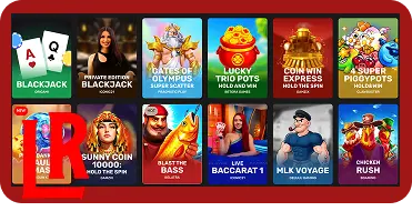 Casino LuckyRollers games lobby displaying over 7,100 slots and live casino titles including jackpots and Megaways