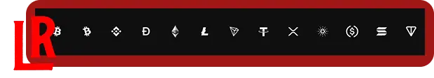 LuckyRollers Online Casino payment methods page showing 13 supported cryptocurrencies including Bitcoin, Ethereum, and Tether for instant deposits and withdrawals