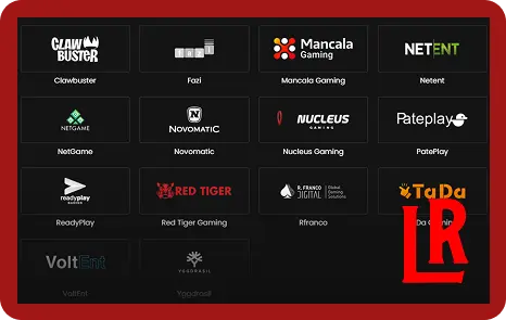 LuckyRollers Casino software providers section showing logos of 120 studios including Pragmatic Play, NetEnt, and BGaming