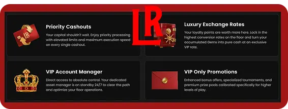 Online Casino LuckyRollers exclusive VIP perks page showing tournament invitations and special competition rewards available for high tier New Zealand members