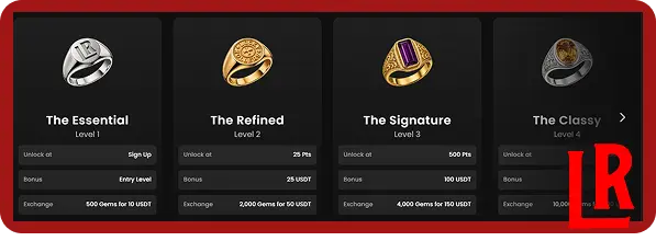 Lucky Roller Casino loyalty program benefits page displaying Gems reward system and cash conversion rates across different VIP tiers for New Zealand players