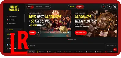 LuckyRollers official homepage showing welcome bonus offer of up to 30,000 USDT and 100 free spins for NZ players