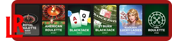 Online Casino LuckyRollers table games section showing 180+ digital blackjack, roulette, baccarat, and poker options
