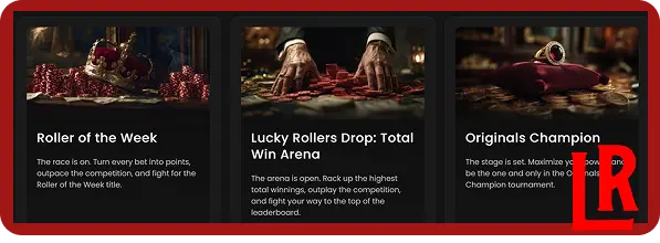 Online LuckyRollers Casino tournaments page showing active prize competitions from providers like BGaming and Endorphina